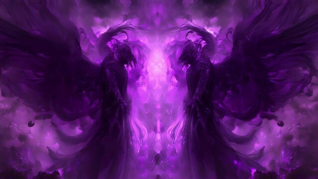 A pair of shadowy guardians their wings a swirl of deep purples and blacks standing sentinel at the entrance of a forbidden temple dedicated to mysterious deities.