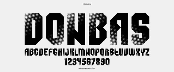 Halftone dotted geometric brutal and bold typeface for logos and posters, vector urban industrial font, modern display typography in cyberpunk futuristic style. - 728440173