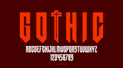 Sharp and bold vector display condensed font for logos, gothic or heavy metal style modern tall typeface, edgy hard rock letters and numbers alphabet for titles or slogans, heavy typography.