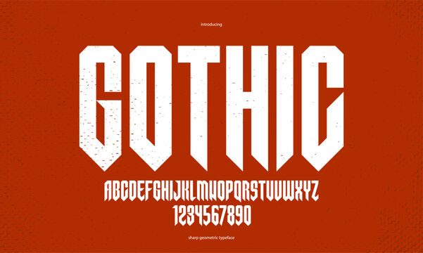 Sharp and bold tall gothic font for logo creation of for headlines, edgy geometric modern vector condensed typeface, heavy metal and hard rock style alphabet with numbers.
