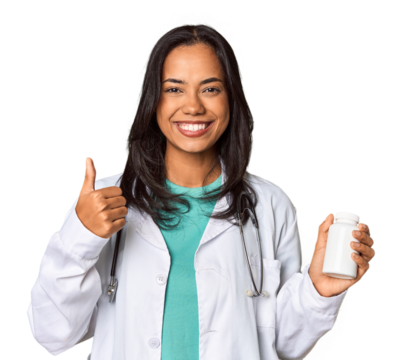 Young Filipina doctor holding a pill bottle smiling and raising thumb up - Powered by Adobe