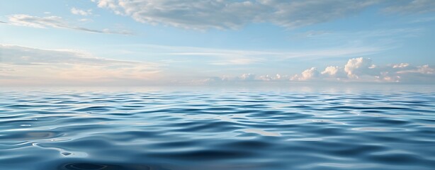 Blue ocean surface panorama with soft waves, deep ocean, background, cloudy sky and ocean. copy space. 
