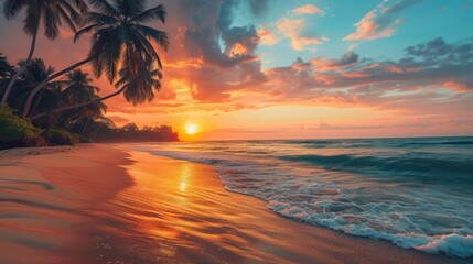 Fototapeta na wymiar Amazing sunset on the beach with palm trees