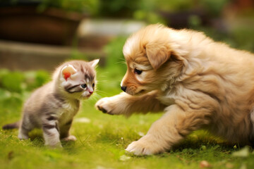 Little beautiful kitten, puppy play happily in the grass, blurred nature background.