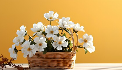 basket of white flowers on a pastel background during spring time. White flowers in wooden basket isolated on background