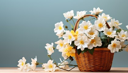 Naklejka na ściany i meble basket of white flowers on a pastel background during spring time. White flowers in wooden basket isolated on background