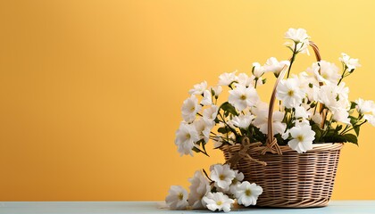 basket of white flowers on a pastel background during spring time. White flowers in wooden basket isolated on background