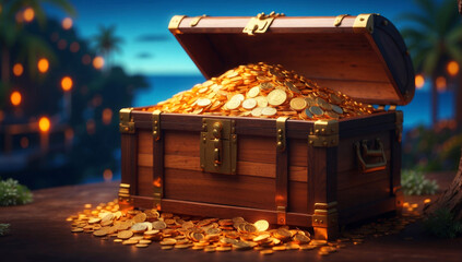 A treasure chest filled with golden Bitcoins - obrazy, fototapety, plakaty