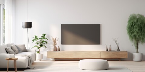 Modern living room at home with white furniture and wall-mounted TV, designed in a minimalist style.