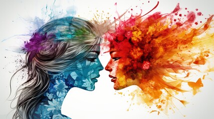 Adaptable gemini twins with vibrant figures and speech bubbles illustrating communication.