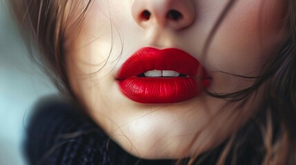 A portrait of a woman with sexy red lips and wavy hair close up.