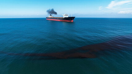 Fototapeta premium Ecological disaster, oil spill in ocean near tanker, top view. Commercial delivery. AI generated.