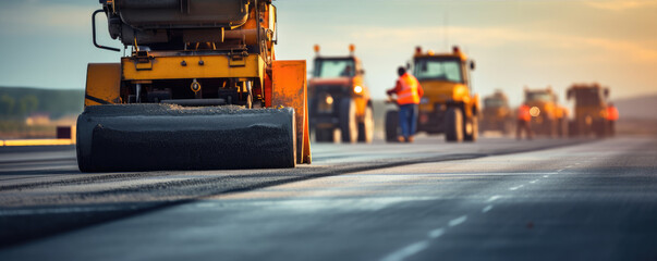 Road Construction. Road Workers making new asphalt with Construction machines. Construction Machinery on the Construction Site
