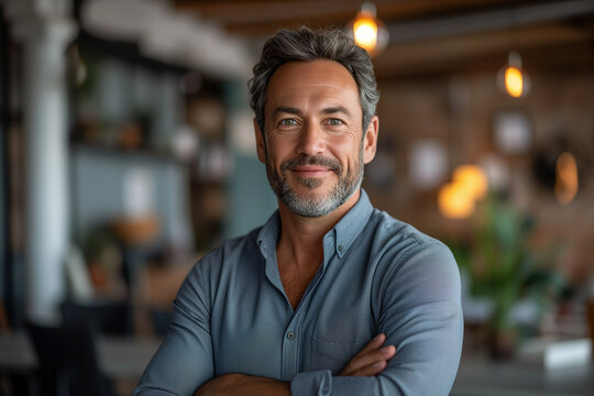 Portrait of confident mature businessman standing with arms crossed in coffeeshop