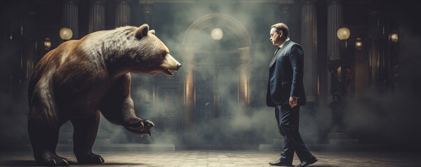 Businessman in suit versus big brown bear. Bearish market concept - obrazy, fototapety, plakaty