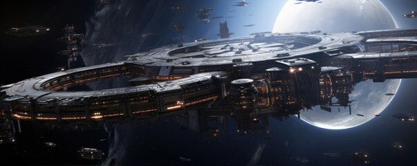 Futuristic space station is floating in the space. Future technology.