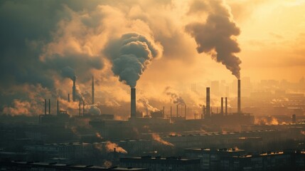 Gas emissions and pollution of factories, polluted air and its impact on human health, greenhouse effect - obrazy, fototapety, plakaty