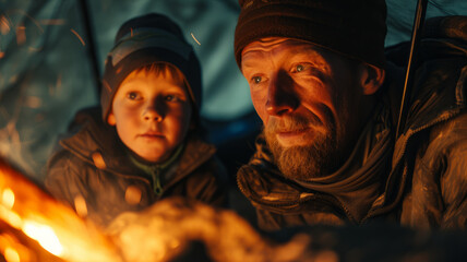 Boy with dad near the fire