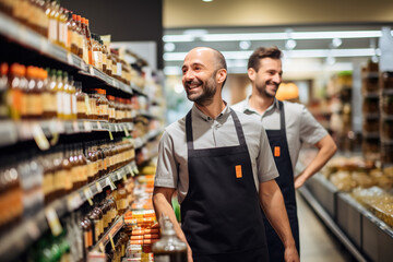 Happy employees putting products on shelves in supermarket.