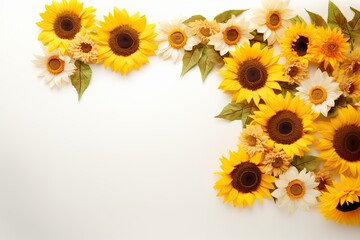 A Bunch of Sunflowers With Leaves on a White Background