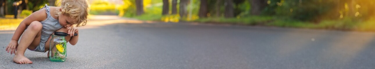 A child looks into a jar with a magnifying glass. Selective focus.