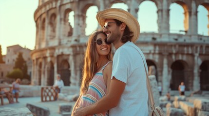 Happy beautiful couple in front of colosseum travelling