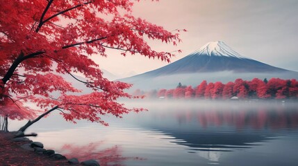 realistic photo of Colorful Autumn and Mount Fuji with morning mist and red leaves on the lake....
