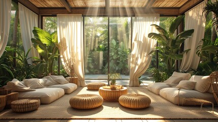 A stylish sunroom with rattan furniture. - obrazy, fototapety, plakaty