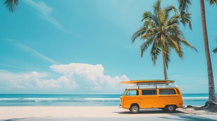 Yellow Camper surf van with surfboards and palm trees tropical beach background. retro bus, big copy space. 