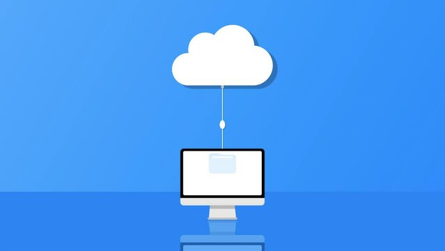 Un ordinateur fixe envoie des donn&eacute;es dans le cloud