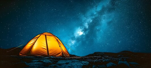 tent camp with campfire on the forest with beautiful night sky milkyway