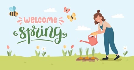 Woman with watering can. Female gardener watering plants in spring. Banner with lettering, illustartion in flat cartoon style