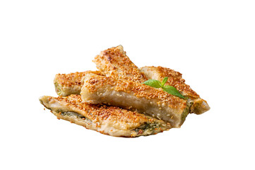 Greek cuisine dishes; spanakopita Sesame on handmade spinach feta cheese pie in the oven. Turkish name; ispanakli borek