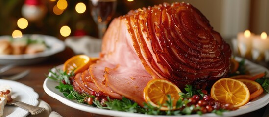 Holiday spiral-cut ham with a delicious brown sugar glaze. - obrazy, fototapety, plakaty