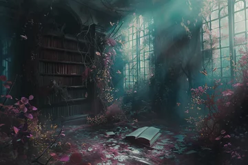 Poster abandonned overgrown library © amavcoffee