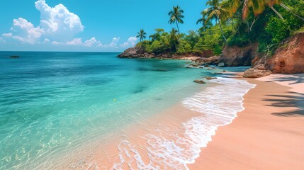 Beautiful tropical beach along the coastline, seaside view  with coconut trees or palm trees of sandy beach. blue sky, background wallpaper.	
