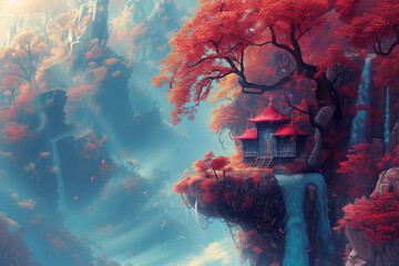Beautiful enchanted house hidden away in pink forest