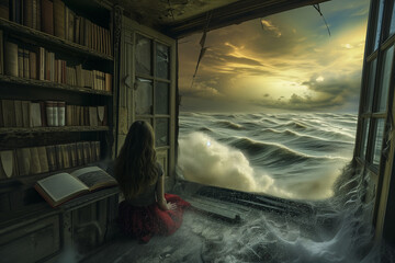girl looking out to ocean from library