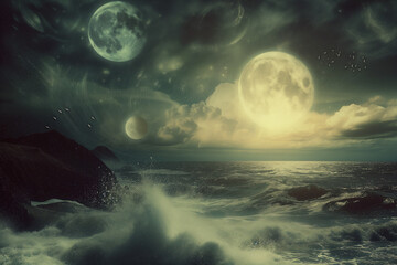 three moons overlooking stormy sea - obrazy, fototapety, plakaty