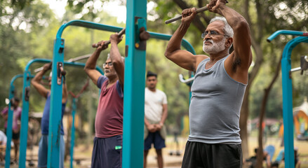 Fototapeta premium Senior and active men in sportswear exercising at outdoor gym in India
