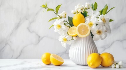 Modern white kitchen with quartz countertop, lemon tree, and creative text space