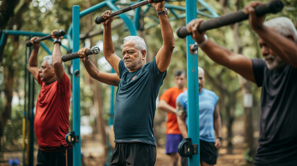 Obraz premium Senior and active men in sportswear exercising at outdoor gym in India