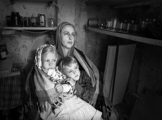 Kyiv. Ukraine. 26 April 2022. Bomber fight terror adult poor ill lady panic face sit wait help look...