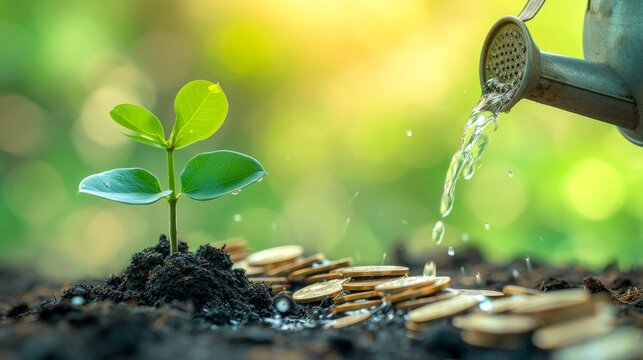 Pouring water to small plant for growth with coins symbolising good investment
