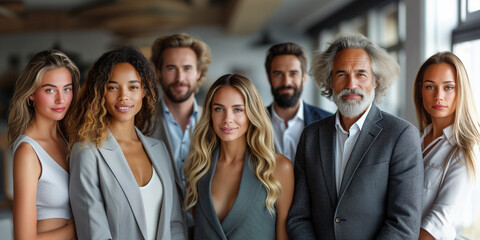 Obraz premium Portrait of successful group of business people at modern office looking at camera. Portrait of happy businessmen and satisfied businesswomen standing as a team. Multiethnic group of people smiling.