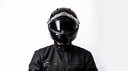 biker person male black helmet black jacket portrait white background ai visual concept