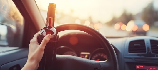 Reckless drunk driving   man operating vehicle while holding wine bottle, with copy space available