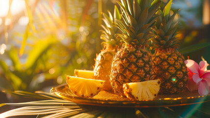Ripe juicy pineapple on a tray.
