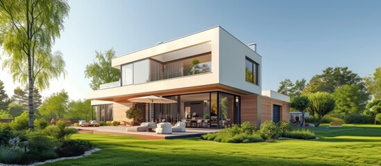 3d rendering modern house with garage,large garden and law for sale or rent property. AI generated - obrazy, fototapety, plakaty