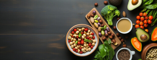 Wide flat lay view banner image of vegetarian day food banner with different types of vegetables and fruit items in a manner on dark wooden color table mockup with copy space 